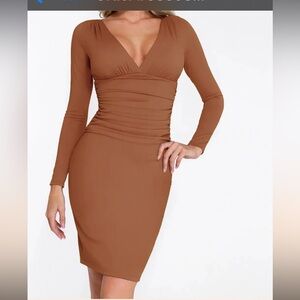 Popilush Shapewear Long Sleeve V-Neck Ruched Bodycon Midi Dress
Brown / XL